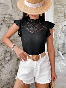 SHEIN VCAY Áo thun nữ Nút Tương phản ren Xù màu trơn Giải trí - màu đen - Xem 3