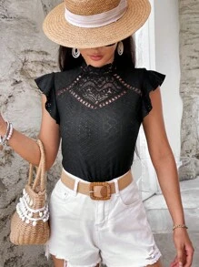 SHEIN VCAY Áo thun nữ Nút Tương phản ren Xù màu trơn Giải trí - màu đen - Xem 4