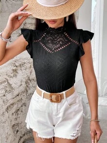 SHEIN VCAY Áo thun nữ Nút Tương phản ren Xù màu trơn Giải trí - màu đen - Xem 5