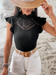 SHEIN VCAY Áo thun nữ Nút Tương phản ren Xù màu trơn Giải trí - màu đen - Xem 6