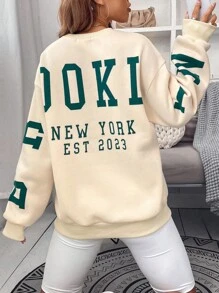 SHEIN Unity Sudadera con estampado de letra de hombros caídos - Beis - Ver 1