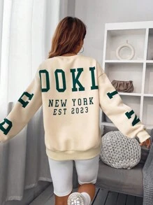 SHEIN Unity Sudadera con estampado de letra de hombros caídos - Beis - Ver 2