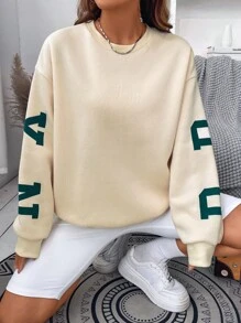 SHEIN Unity Sudadera con estampado de letra de hombros caídos - Beis - Ver 3