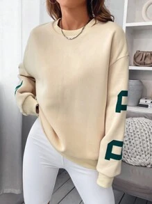 SHEIN Unity Sudadera con estampado de letra de hombros caídos - Beis - Ver 4