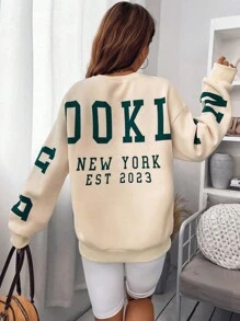 SHEIN Unity Sudadera con estampado de letra de hombros caídos - Beis - Ver 5