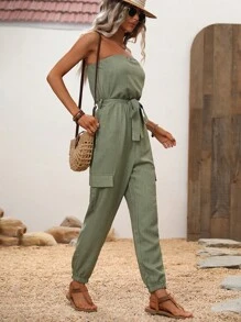 Chiquease Solid Belted Tube Jumpsuit - Army Green - View 4