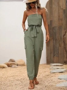 Chiquease Solid Belted Tube Jumpsuit - Army Green - View 5