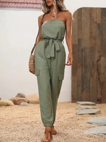 Chiquease Solid Belted Tube Jumpsuit - Army Green - View 6