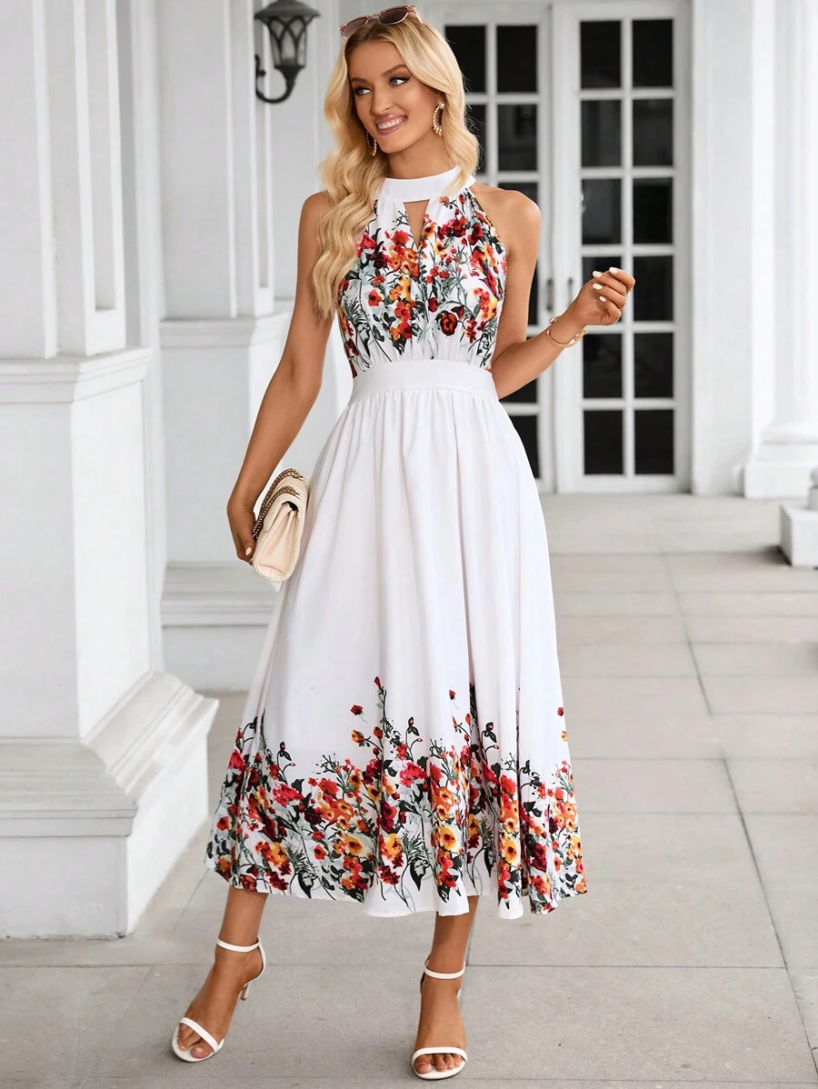GENKIRA Floral Print Halter Neck Dress - Multicolor - View 1