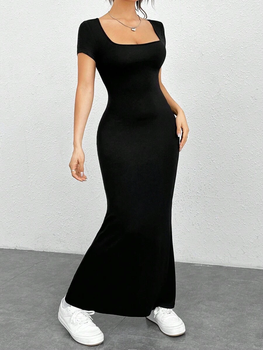 SHEIN EZwear 方領魚尾裙下擺緊身連衣裙 - 黑色 - 查看 1