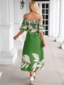 SHEIN VCAY 熱帶圖案一字肩高衩洋裝 - 綠色 - 查看 4