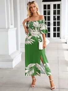 SHEIN VCAY 熱帶圖案一字肩高衩洋裝 - 綠色 - 查看 5