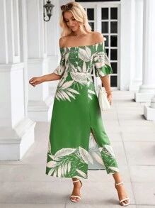 SHEIN VCAY 熱帶圖案一字肩高衩洋裝 - 綠色 - 查看 6