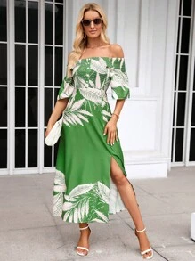 SHEIN VCAY 熱帶圖案一字肩高衩洋裝 - 綠色 - 查看 2