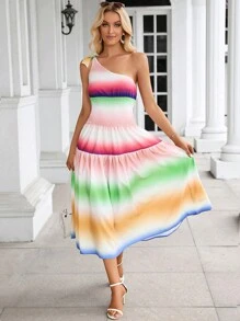 SHEIN VCAY Ombre One Shoulder Ruffle Hem Dress Sundress - Multicolor - View 1