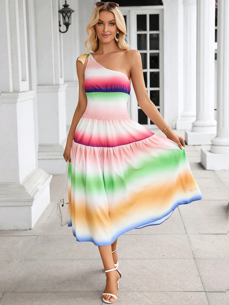 SHEIN VCAY Ombre One Shoulder Ruffle Hem Dress Sundress - Multicolor - View 1