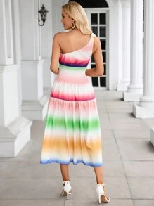 SHEIN VCAY Ombre One Shoulder Ruffle Hem Dress Sundress - Multicolor - View 2