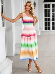 SHEIN VCAY Ombre One Shoulder Ruffle Hem Dress Sundress - Multicolor - View 3