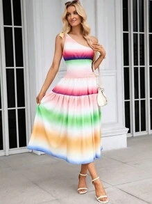 SHEIN VCAY Ombre One Shoulder Ruffle Hem Dress Sundress - Multicolor - View 4