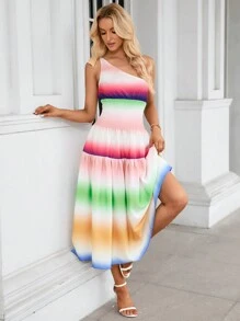 SHEIN VCAY Ombre One Shoulder Ruffle Hem Dress Sundress - Multicolor - View 5