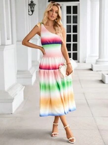 SHEIN VCAY Ombre One Shoulder Ruffle Hem Dress Sundress - Multicolor - View 6