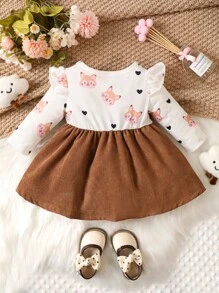 SHEIN Vintaside Kids Bebé niña Vestido 2 en 1 con estampado de dibujos animados ribete con fruncido con lazo delantero con banda cabeza - Multicolor - Ver 2