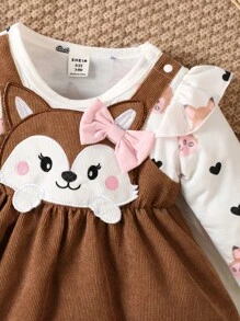 SHEIN Vintaside Kids Bebé niña Vestido 2 en 1 con estampado de dibujos animados ribete con fruncido con lazo delantero con banda cabeza - Multicolor - Ver 3