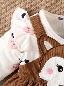 SHEIN Vintaside Kids Bebé niña Vestido 2 en 1 con estampado de dibujos animados ribete con fruncido con lazo delantero con banda cabeza - Multicolor - Ver 5