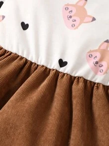 SHEIN Vintaside Kids Bebé niña Vestido 2 en 1 con estampado de dibujos animados ribete con fruncido con lazo delantero con banda cabeza - Multicolor - Ver 6