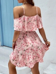 SHEIN VCAY Floral Print Cold Shoulder Ruffle Hem Dress - Pink - View 2