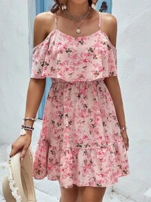 SHEIN VCAY Floral Print Cold Shoulder Ruffle Hem Dress - Pink - View 3