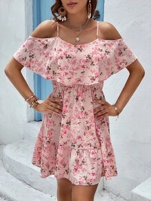 SHEIN VCAY Floral Print Cold Shoulder Ruffle Hem Dress - Pink - View 4