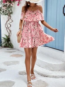 SHEIN VCAY Floral Print Cold Shoulder Ruffle Hem Dress - Pink - View 5