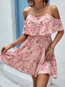 SHEIN VCAY Floral Print Cold Shoulder Ruffle Hem Dress - Pink - View 6