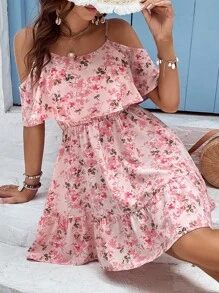 SHEIN VCAY Floral Print Cold Shoulder Ruffle Hem Dress - Pink - View 7