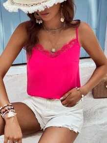 SHEIN VCAY Contrast Lace Cami Top - Hot Pink - View 1