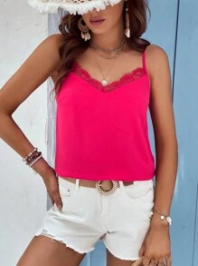 SHEIN VCAY Contrast Lace Cami Top - Hot Pink - View 6