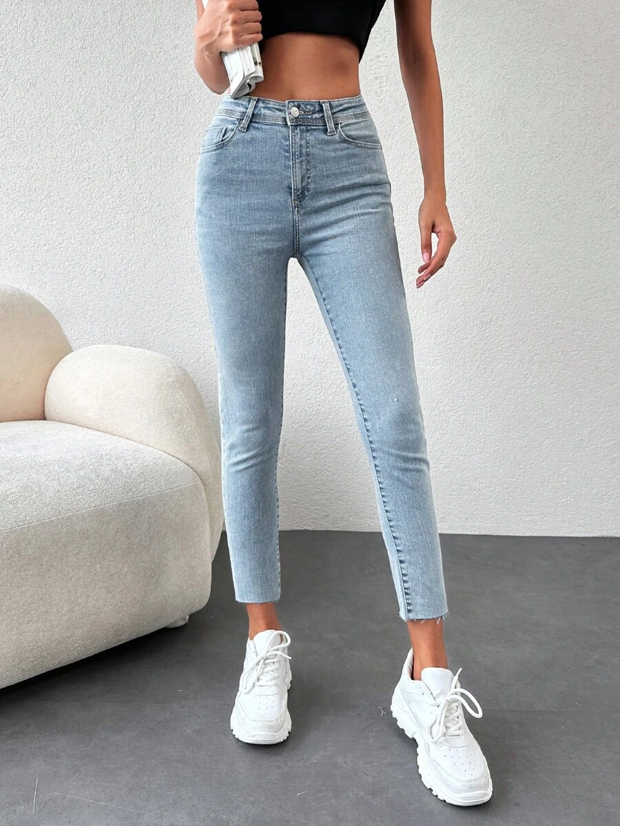 RueChic Solid Skinny Cropped Jeans - Blue - View 1