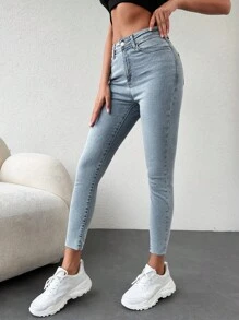 RueChic Solid Skinny Cropped Jeans - Blue - View 3