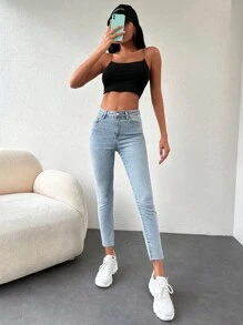 RueChic Solid Skinny Cropped Jeans - Blue - View 5