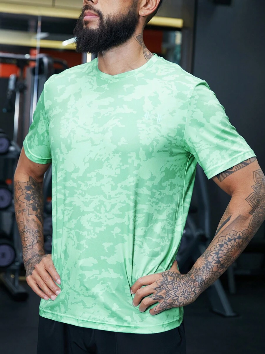 Manfinity Sport Corelite Men Letter Camo Print Sports Tee - Mint Green - View 1