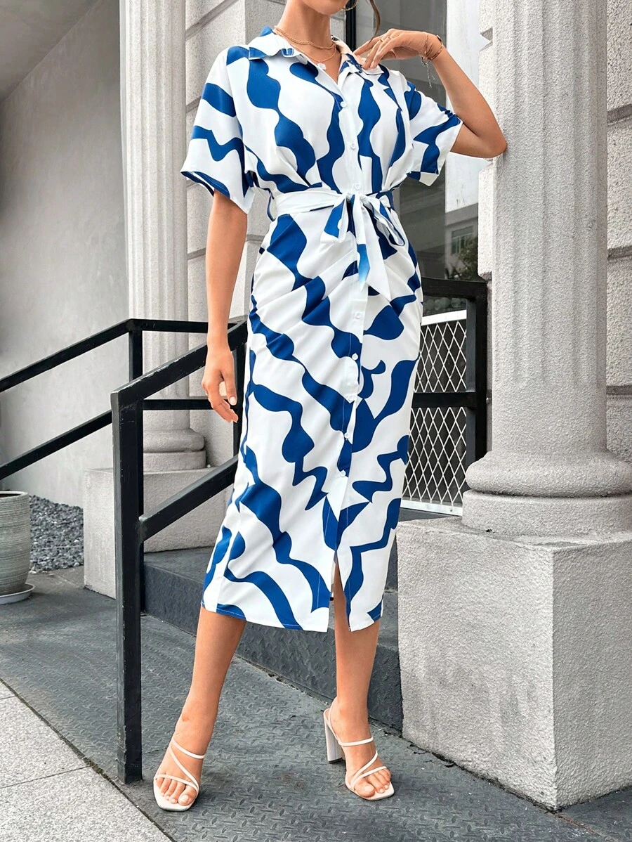 SHEIN Privé Nhuộm buộc Thắt lưng Váy sơ mi - Màu xanh lam - Xem 1