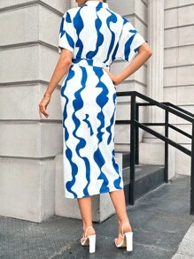 SHEIN Privé Nhuộm buộc Thắt lưng Váy sơ mi - Màu xanh lam - Xem 2