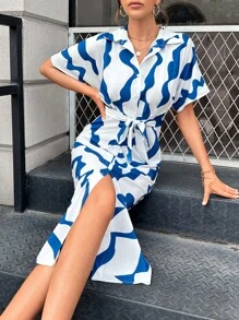SHEIN Privé Nhuộm buộc Thắt lưng Váy sơ mi - Màu xanh lam - Xem 3