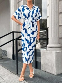 SHEIN Privé Nhuộm buộc Thắt lưng Váy sơ mi - Màu xanh lam - Xem 6