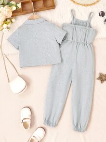 SHEIN 小女童字母補丁細節襯衫&吊帶連體褲 - 灰色 - 查看 2