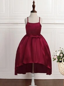 Trang phục tiệc cho bé gái Bất đối xứng Cao thấp màu trơn Buổi tiệc - Màu Đỏ Sâu - Xem 6