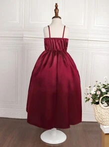 Trang phục tiệc cho bé gái Bất đối xứng Cao thấp màu trơn Buổi tiệc - Màu Đỏ Sâu - Xem 2