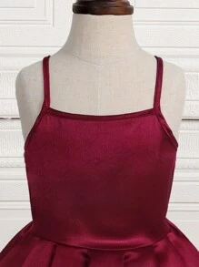 Trang phục tiệc cho bé gái Bất đối xứng Cao thấp màu trơn Buổi tiệc - Màu Đỏ Sâu - Xem 4