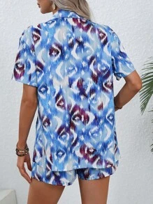 SHEIN VCAY Bộ đồ hai mảnh nữ Nút phía trước Bộ lạc Boho - Màu xanh lam - Xem 2